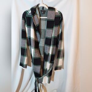 Rachel Zoe Plaid Hooded Open Front Cardigan With Belt